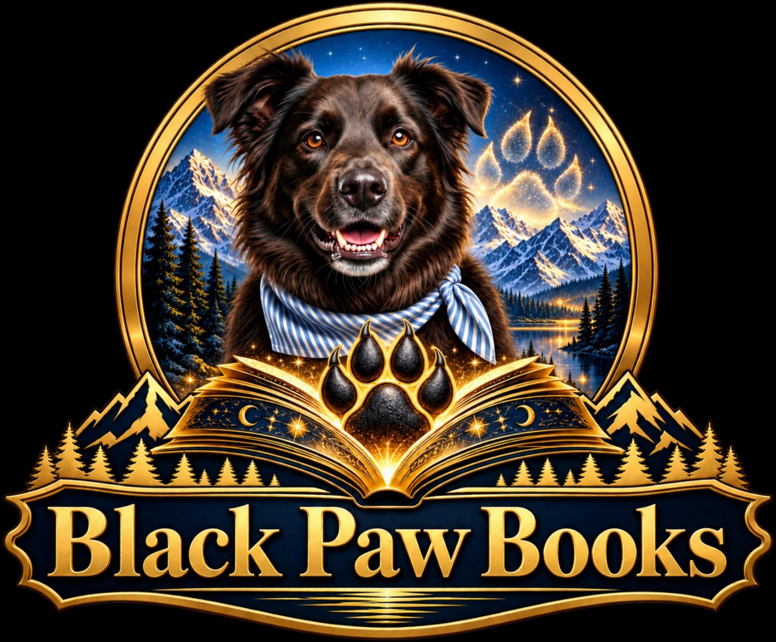 Black Paw Books logo with dog, gold mountains, open book and clawed paw