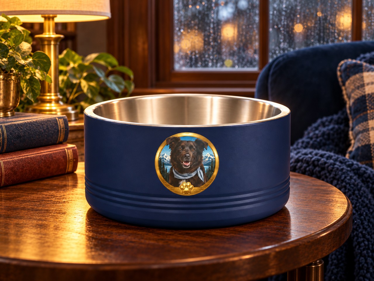 Navy Black Paw Books 18 ounce pet bowl with stainless steel interior in a cozy bookstore reading nook