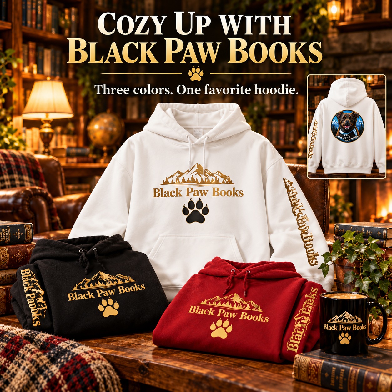Black Paw Books hoodie colorways in a cozy bookstore display with branded mug